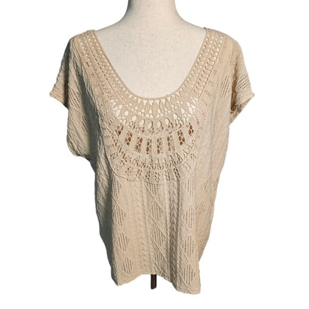 Cream Crochet Women's Short Sleeve Top Dolman Cut, Textured Scoop Neckline Lg